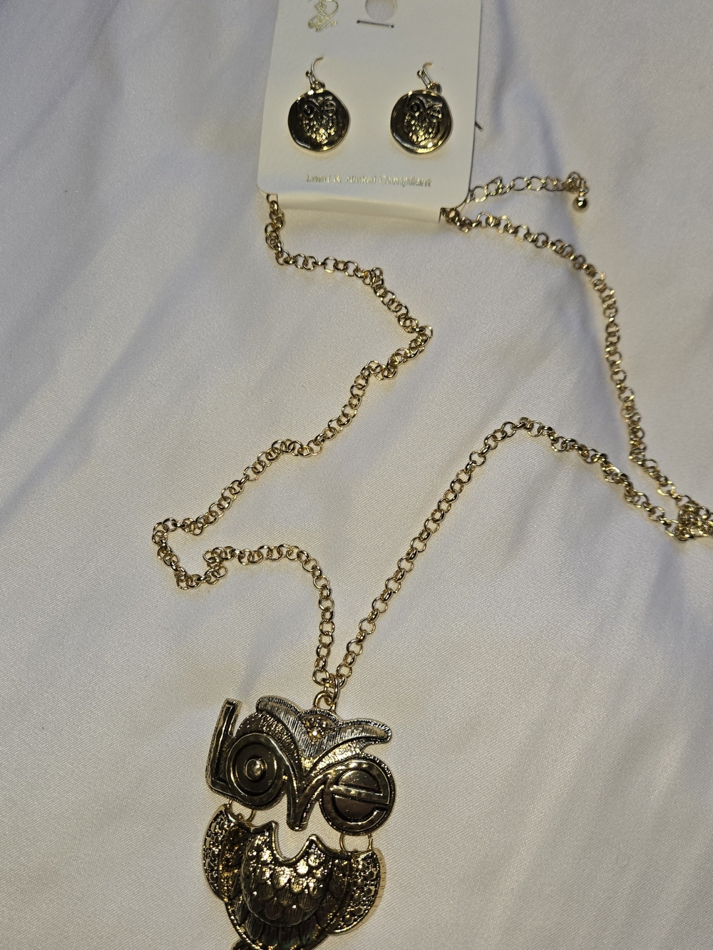 Gold LOVE Owl Pendant Necklace with Matching Coin Earrings - Gold